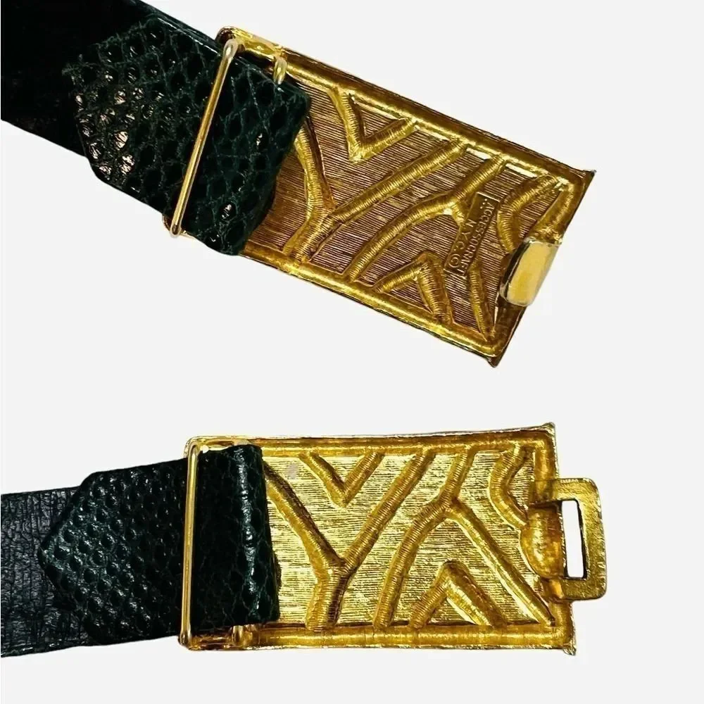 Vintage snake skin belt green and gold brass small high waist clip loop